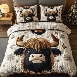 Funky Highland Cow 3 Piece Quilted Bedding Set Gift For Cow Lovers