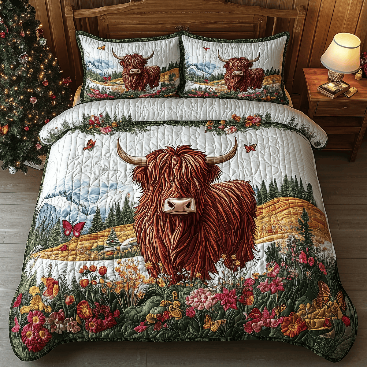 Adorable Highland Cow 3 Piece Quilted Bedding Set Gift For Cow Lovers