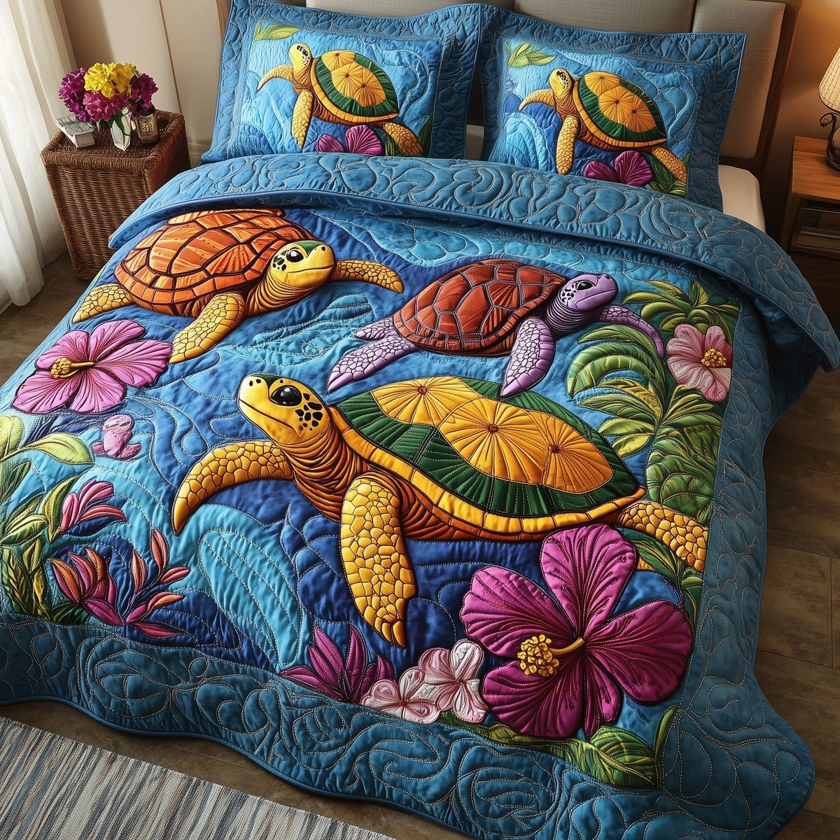 Sea Turtle Serenity Beach 3 Piece Quilted Bedding Set Gift For Turtle Lovers