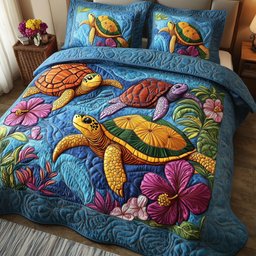 Sea Turtle Serenity Beach 3 Piece Quilted Bedding Set Gift For Turtle Lovers
