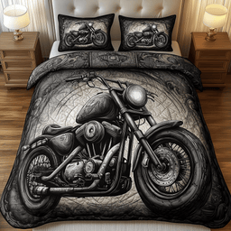 Black Motorcycle 3 Piece Quilted Bedding Set Gift For Home Decor Lovers