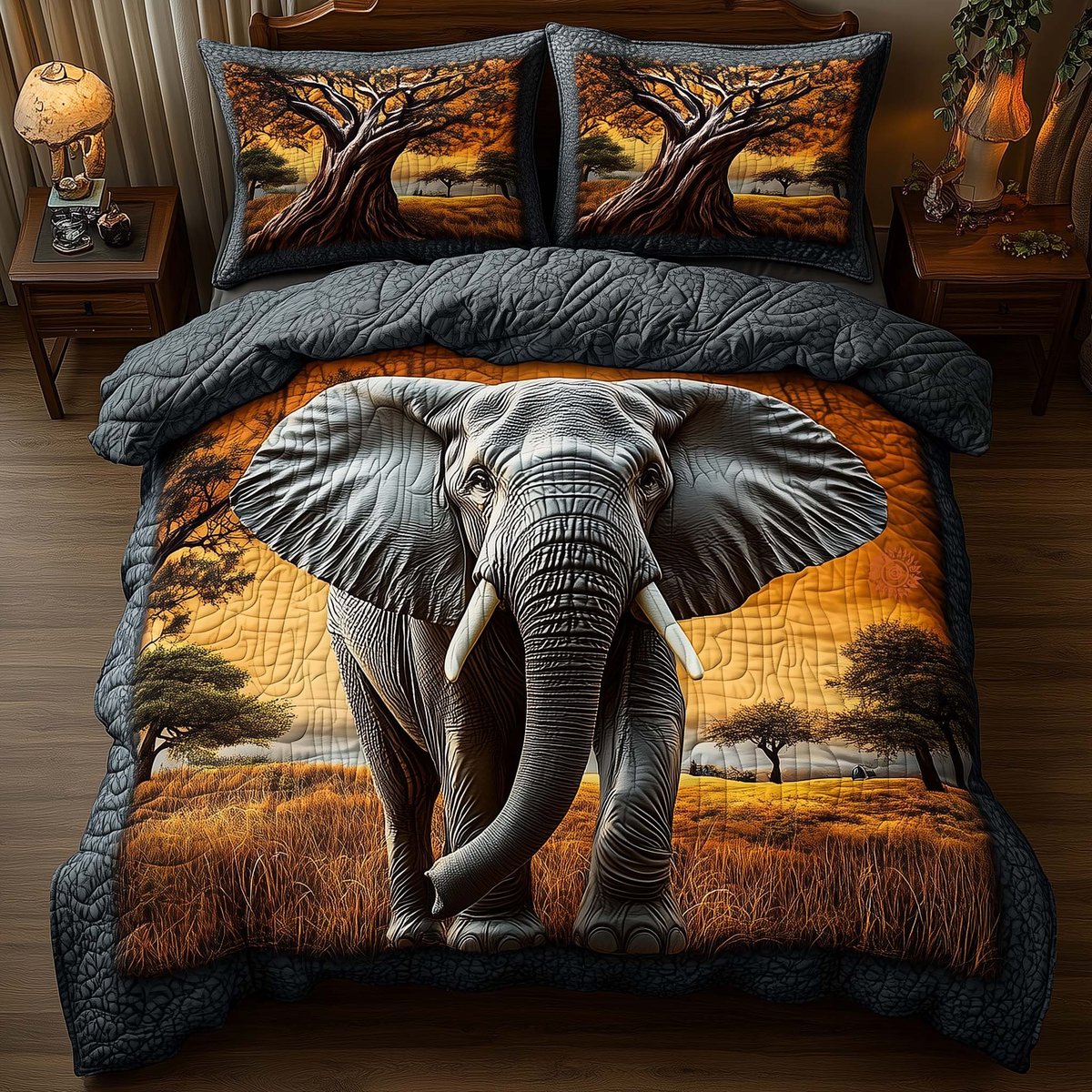 Elephant 3 Piece Quilted Bedding Set Gift For Elephant Lovers