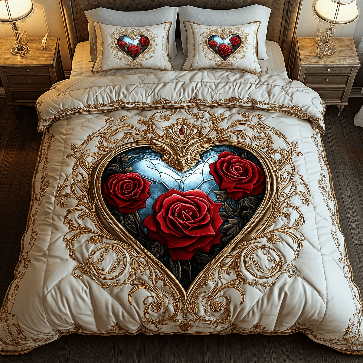 Heart of Roses 3 Piece Quilted Bedding Set Gift For Flower Lovers
