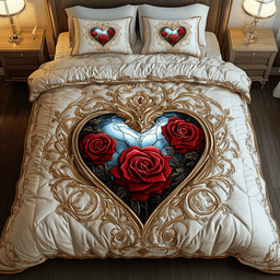 Heart of Roses 3 Piece Quilted Bedding Set Gift For Flower Lovers