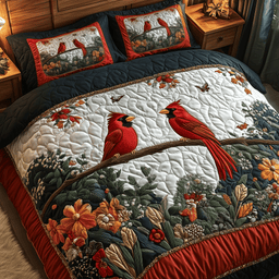 Cardinal Hearts Together 3 Piece Quilted Bedding Set Gift For Bird Lovers