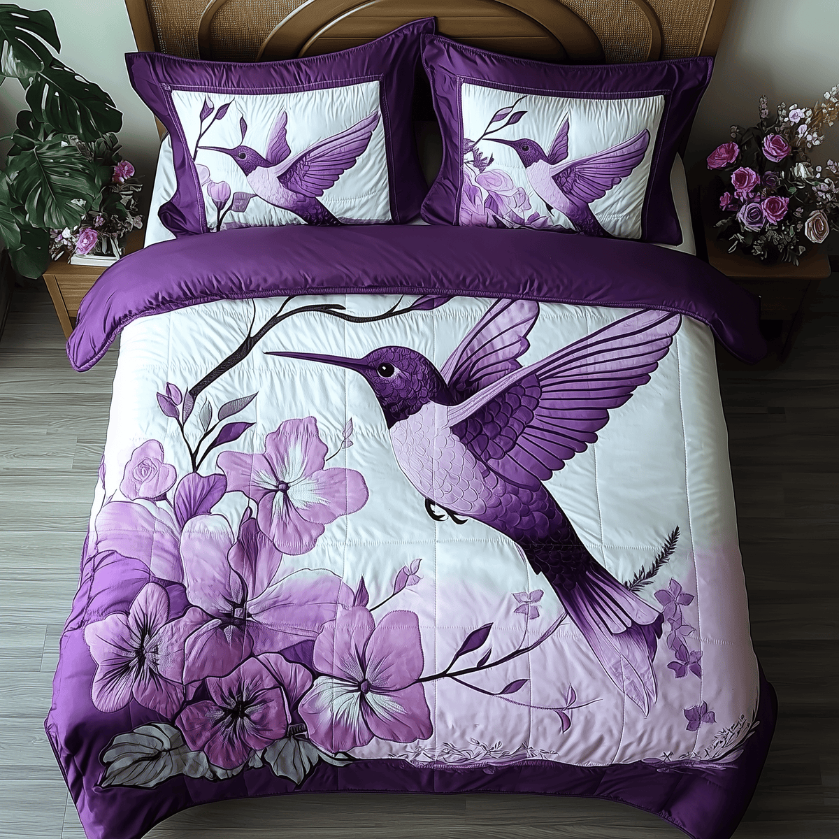 Hummingbird 3 Piece Quilted Bedding Set Gift For Bird Lovers