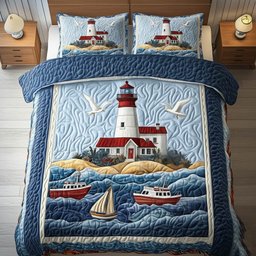 Coastal Lighthouse Nautical 3 Piece Quilted Bedding Set Gift For Beach Lovers