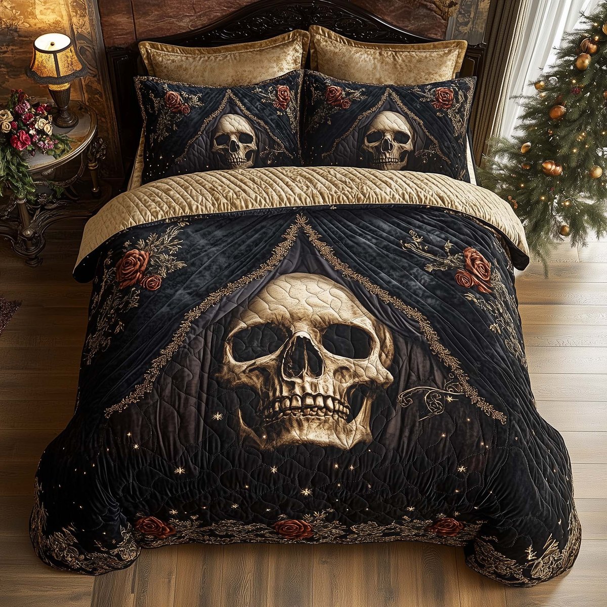 Mystique Solo Skull 3 Piece Quilted Bedding Set Gift For Gothic Decor Lovers