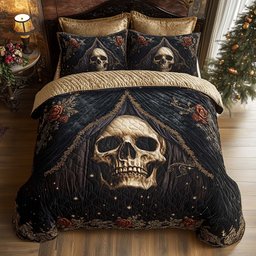 Mystique Solo Skull 3 Piece Quilted Bedding Set Gift For Gothic Decor Lovers