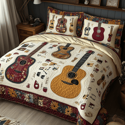 Acoustic Guitar 3 Piece Quilted Bedding Set Gift For Music Lovers