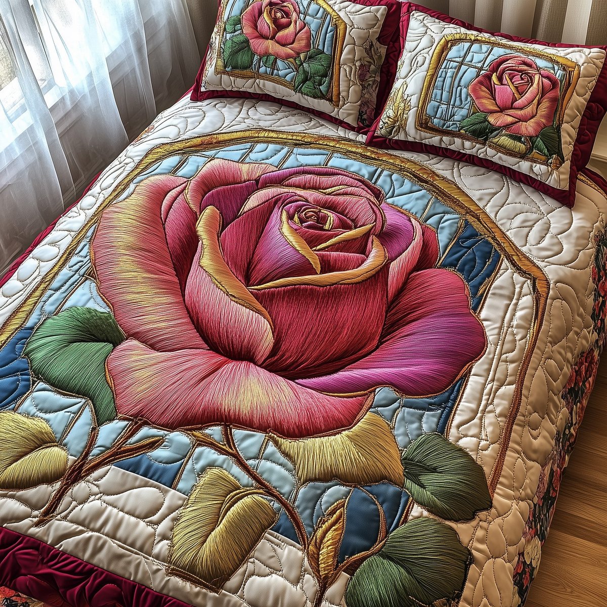 Golden Petal Rose 3 Piece Quilted Bedding Set Gift For Flower Lovers