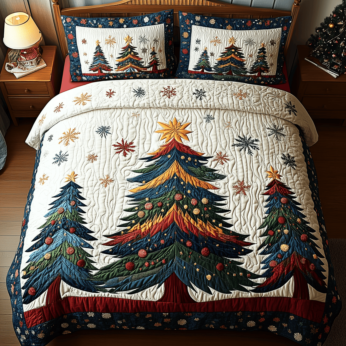 Festive Tree 3 Piece Quilted Bedding Set Christmas Gift For Holiday Decor Lovers