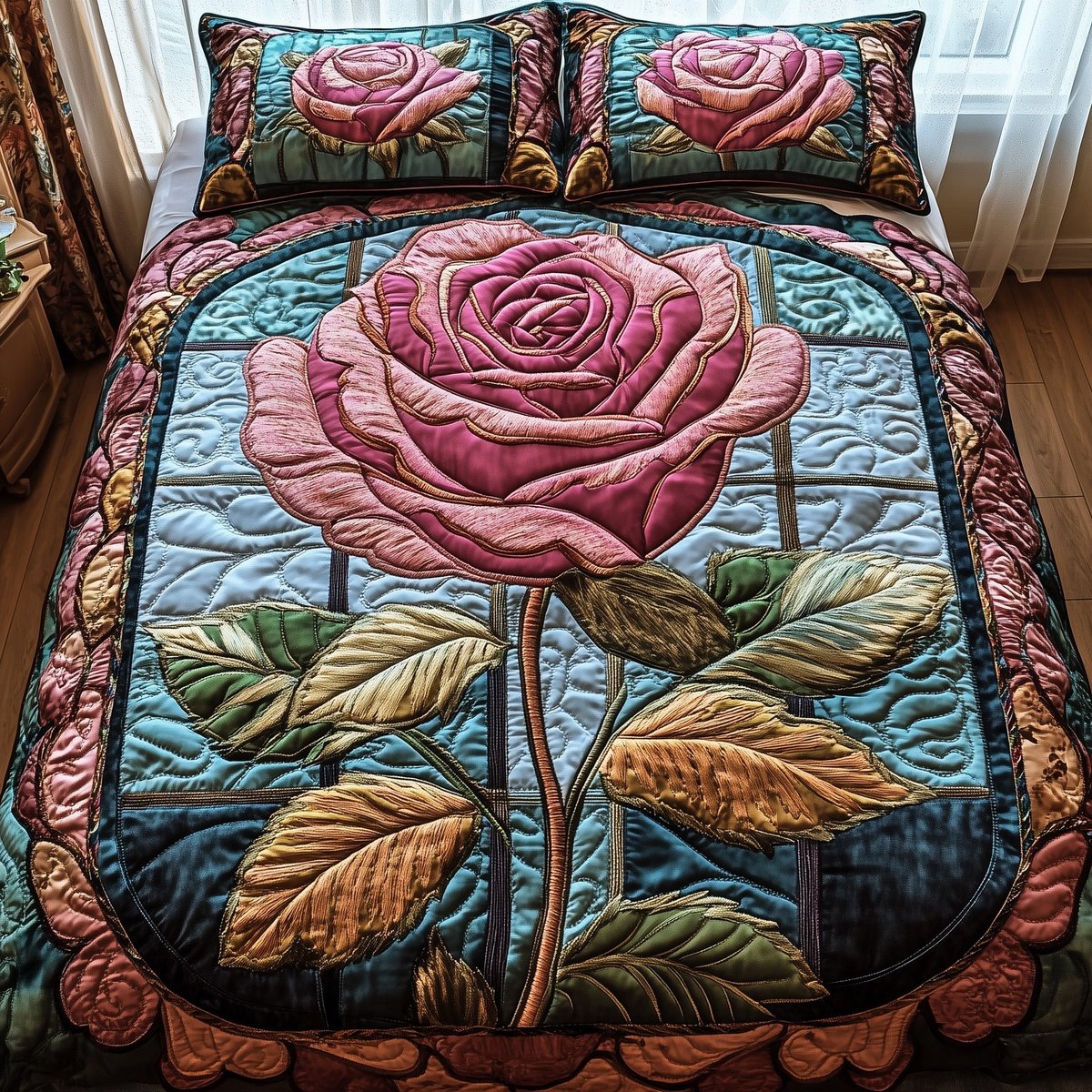 Golden Petal Rose 3 Piece Quilted Bedding Set Gift For Flower Lovers