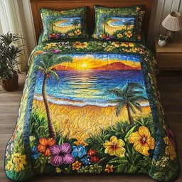Tropical Vibe Beach 3 Piece Quilted Bedding Set Gift For Beach Lovers