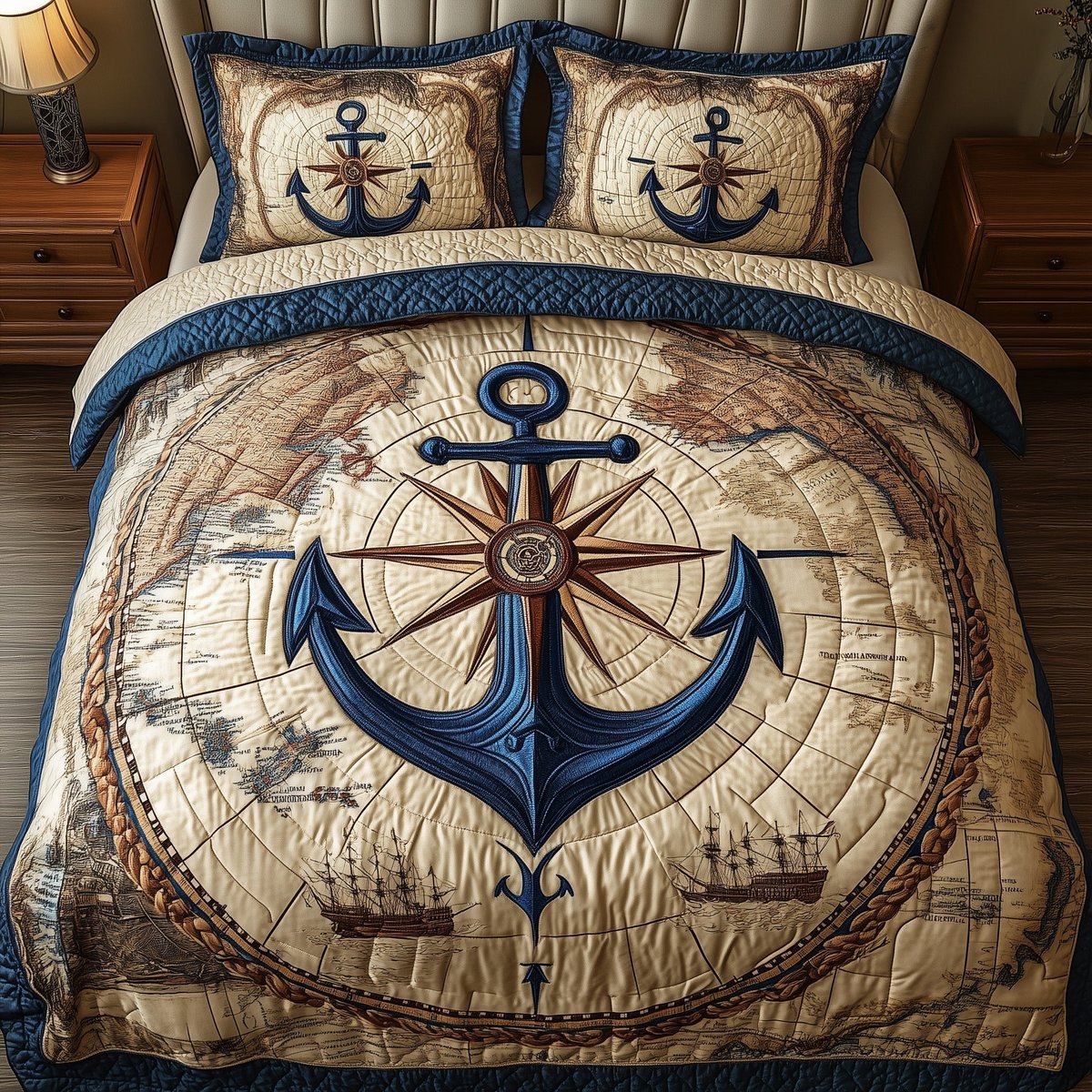 Nautical Anchor 3 Piece Quilted Bedding Set Gift For Beach Lovers