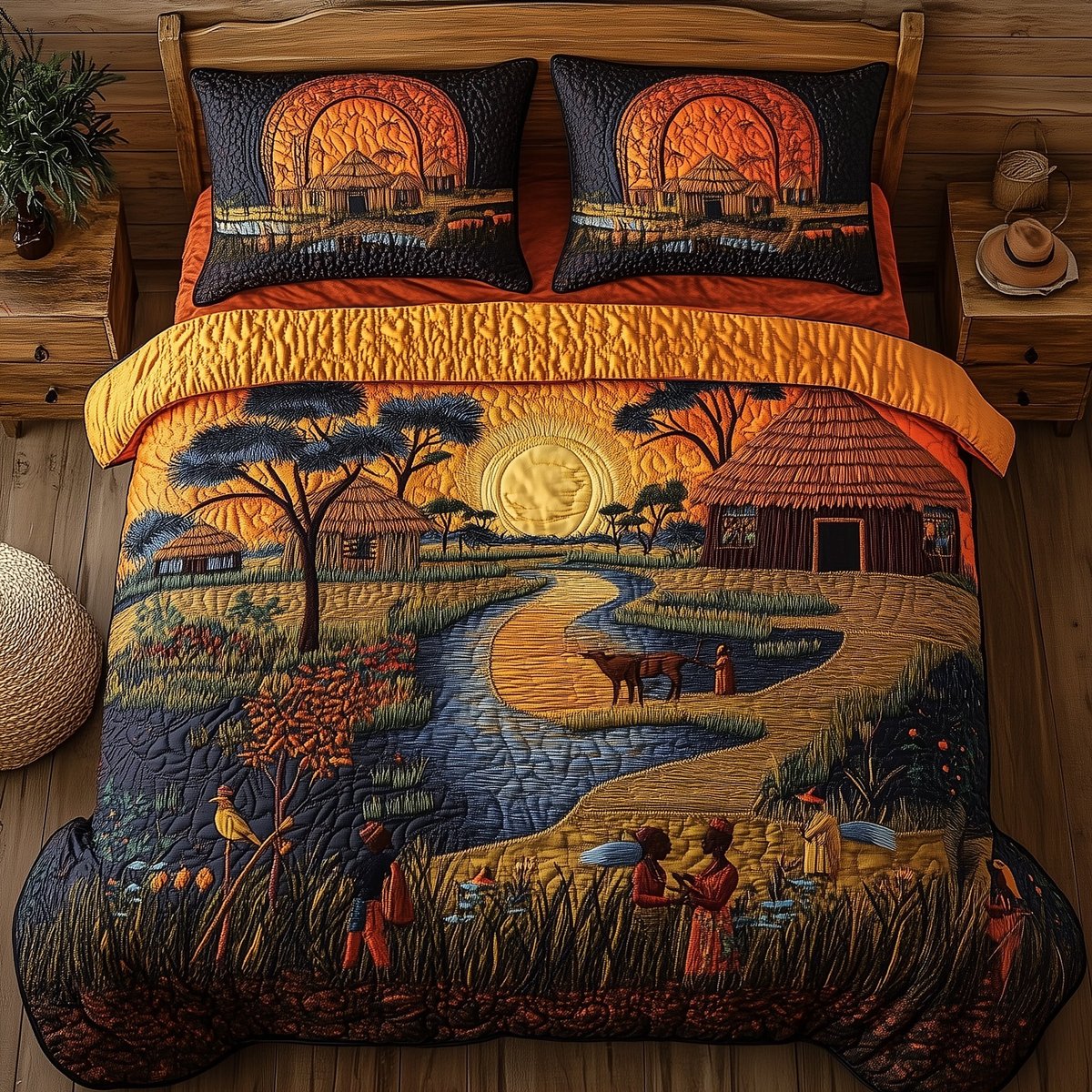 African Village 3 Piece Quilted Bedding Set Gift For African American Heritage Lovers