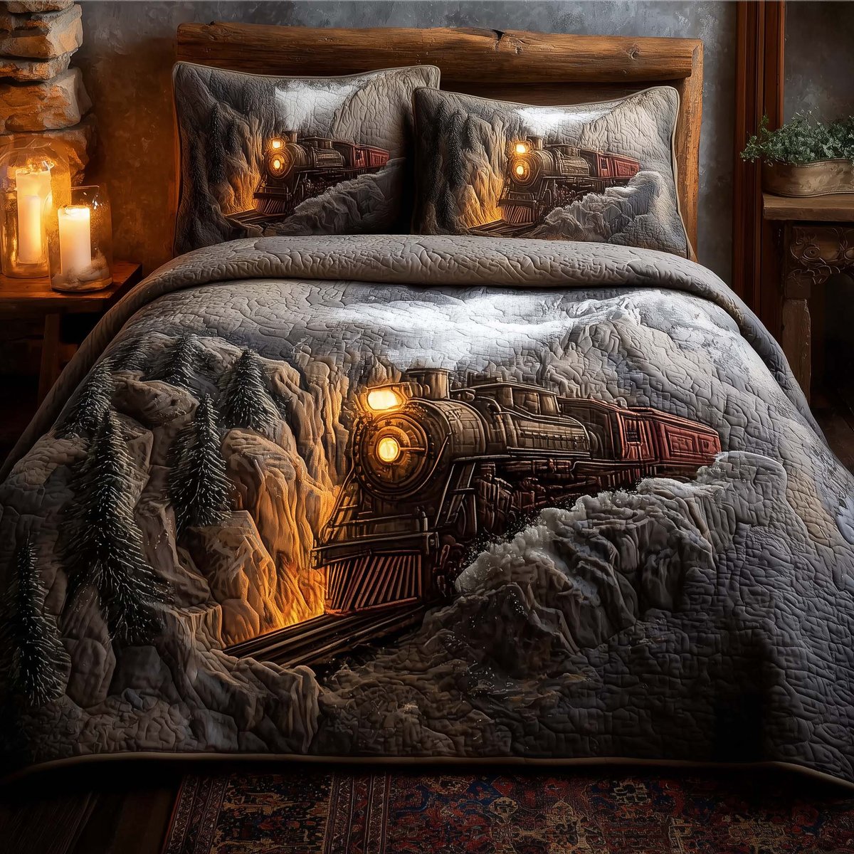 Train Journey 3 Piece Quilted Bedding Set Gift For Home Decor Lovers