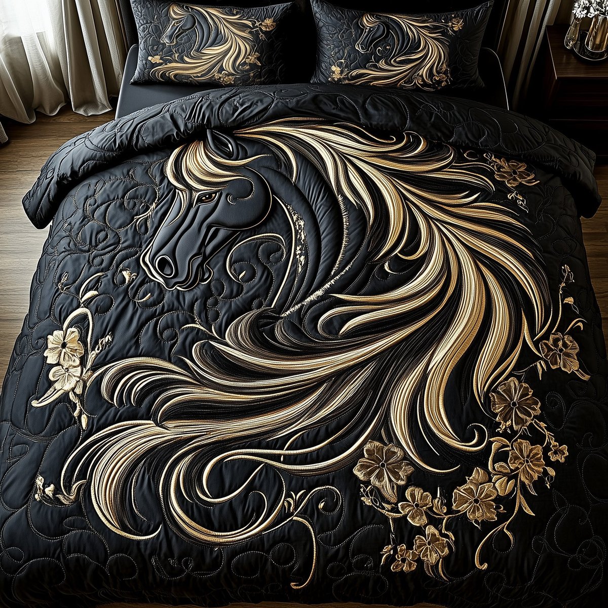Elegant Dark Horse 3 Piece Quilted Bedding Set Gift For Horse Lovers