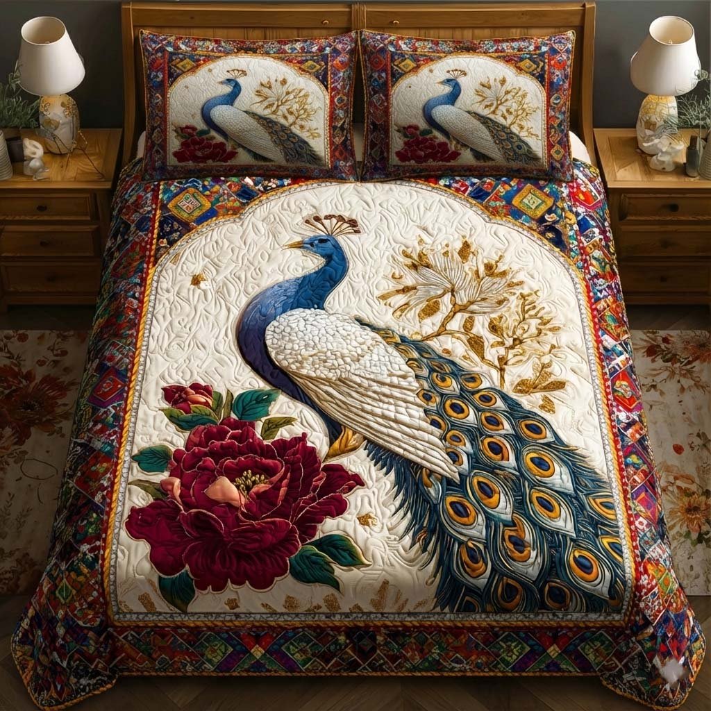 Elegant Peacock 3 Piece Quilted Bedding Set Gift For Bird Lovers