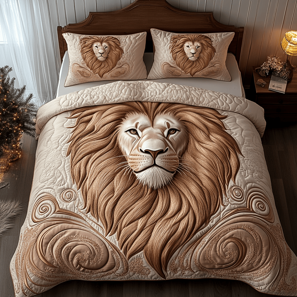 Majestic Lion 3 Piece Quilted Bedding Set Gift For Lion Lovers