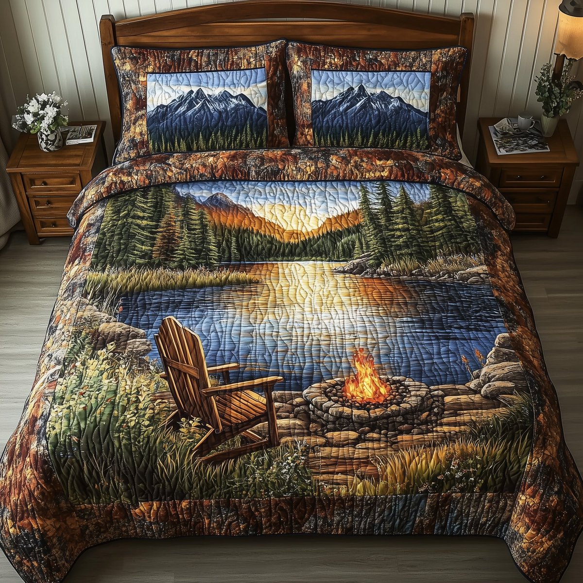 Cozy Harmony Lake 3 Piece Quilted Bedding Set Gift For Nature Lovers