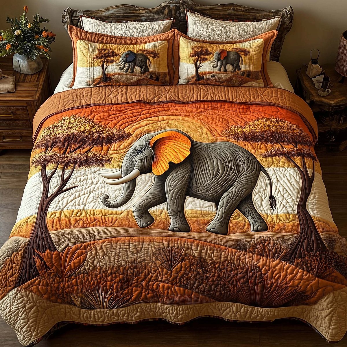 Elephant 3 Piece Quilted Bedding Set Gift For Elephant Lovers