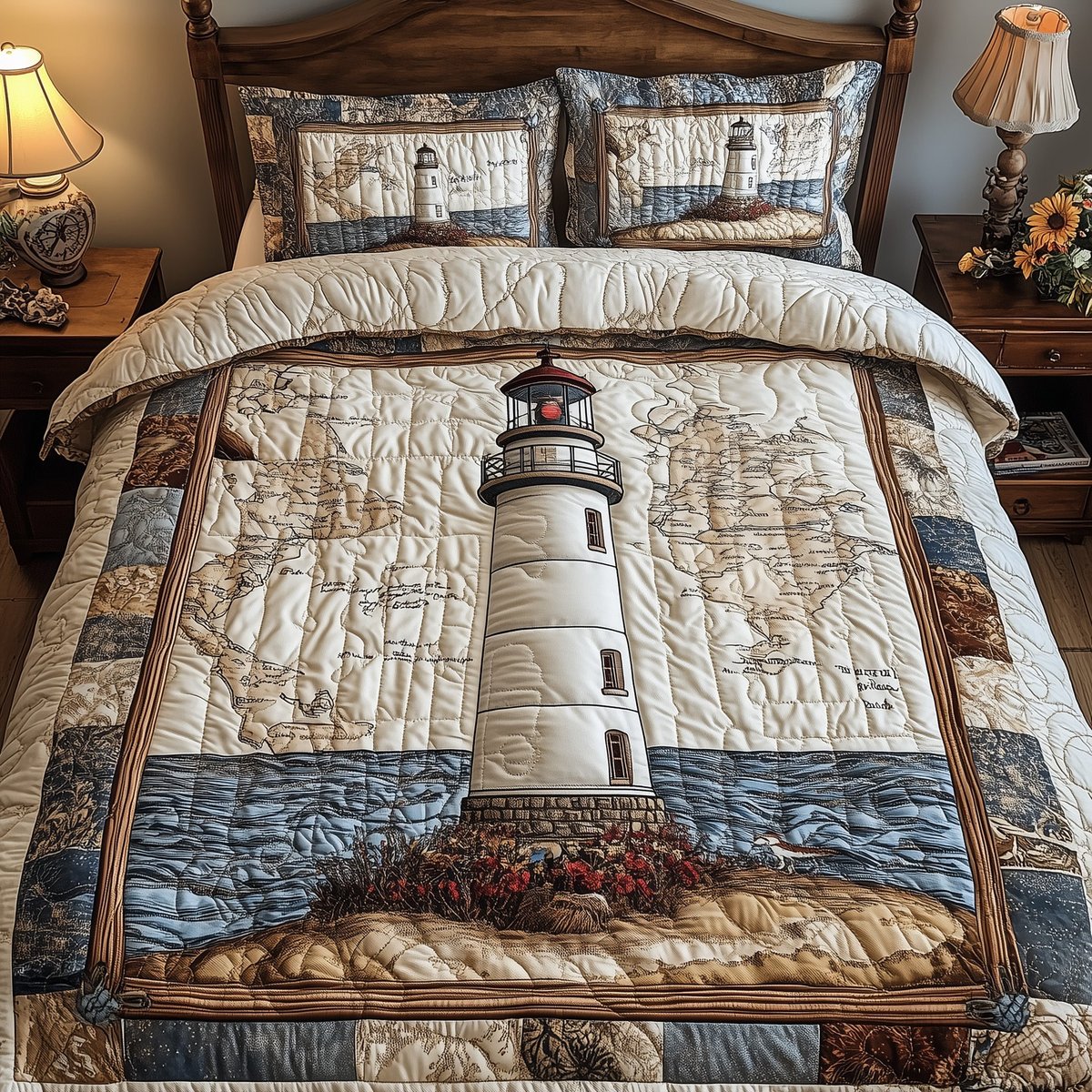 Path of the Mariners 3 Piece Quilted Bedding Set Gift For Beach Lovers