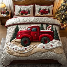 Red Truck 3 Piece Quilted Bedding Set Gift For Holiday Decor Lovers