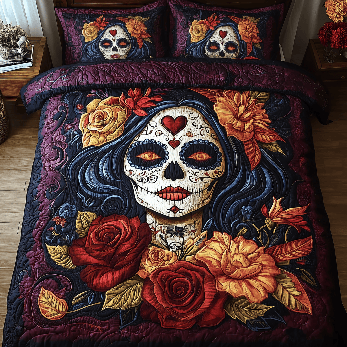 La Belle Muerte Skull 3 Piece Quilted Bedding Set Gift For Gothic Decor Lovers