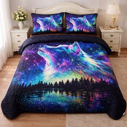 Aurora Wolf Howl 3 Piece Quilted Bedding Set Gift For Wolf Lovers