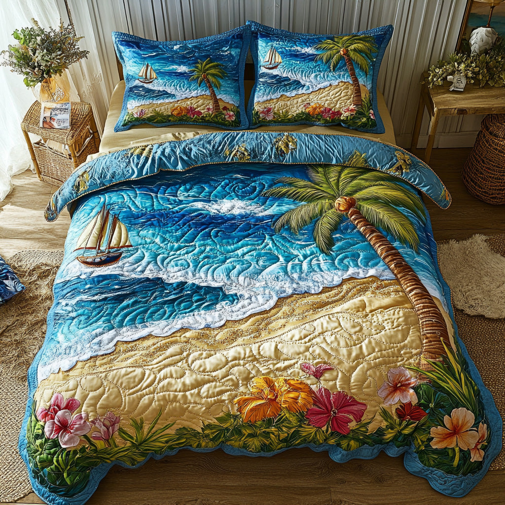 Tropical Beach 3 Piece Quilted Bedding Set Gift For Beach Lovers
