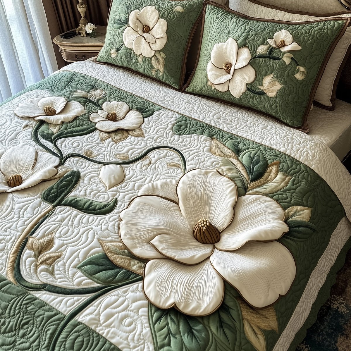 Elegant Blooming Magnolia 3 Piece Quilted Bedding Set Gift For Flower Lovers