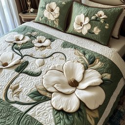 Elegant Blooming Magnolia 3 Piece Quilted Bedding Set Gift For Flower Lovers