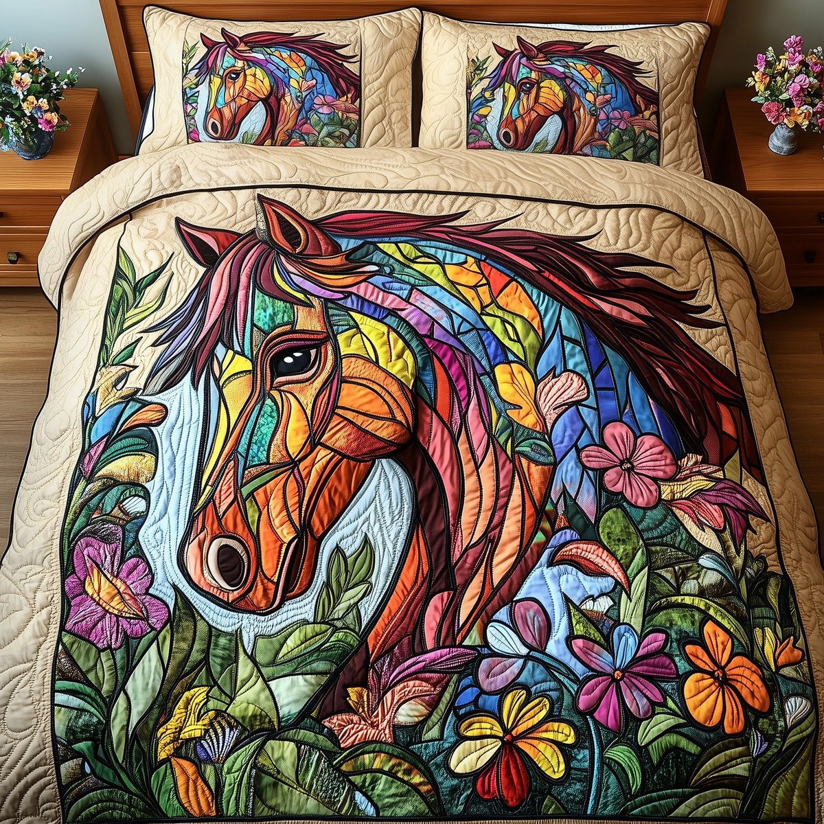 Horse 3 Piece Quilted Bedding Set Gift For Horse Lovers