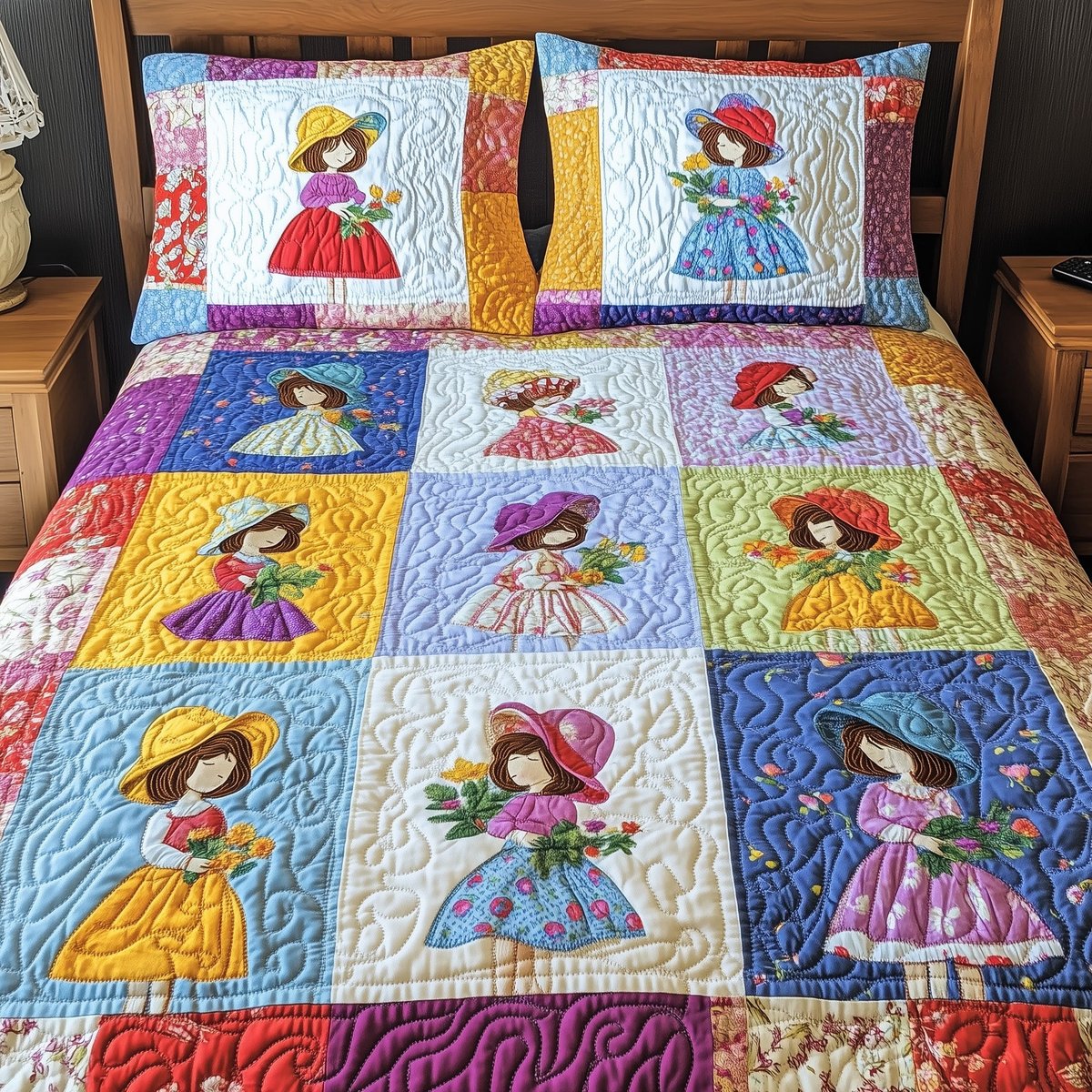 Sunbonnet Sue Patchwork 3 Piece Quilted Bedding Set Gift For Home Decor Lovers