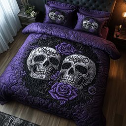 Romantic Gothic Skulls 3 Piece Quilted Bedding Set Gift For Gothic Decor Lovers