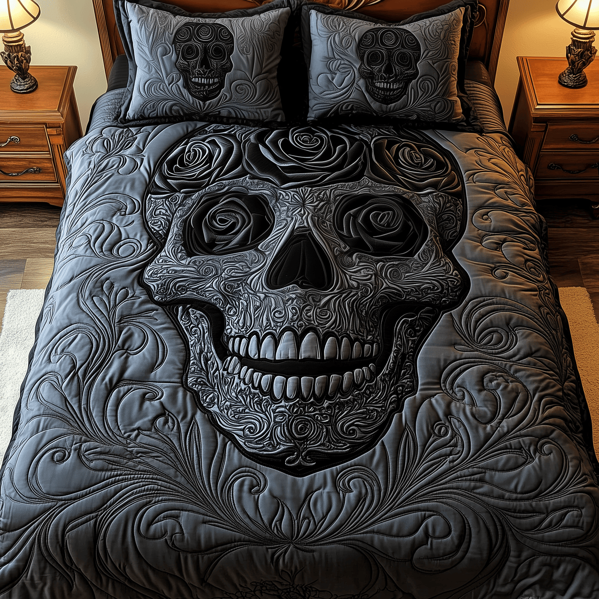 Black Rose Skull 3 Piece Quilted Bedding Set Gift For Flower Lovers