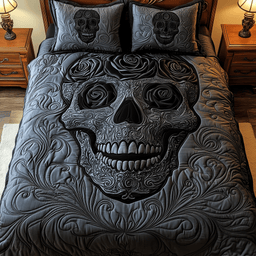 Black Rose Skull 3 Piece Quilted Bedding Set Gift For Flower Lovers