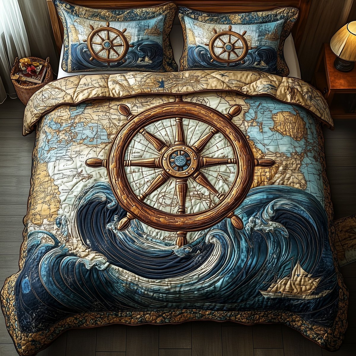 Nautical Ship Wheel 3 Piece Quilted Bedding Set Gift For Beach Lovers