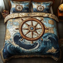 Nautical Ship Wheel 3 Piece Quilted Bedding Set Gift For Beach Lovers