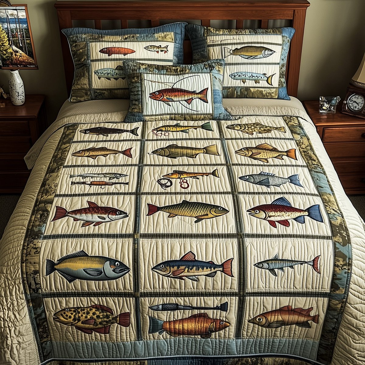 Fishing Adventure 3 Piece Quilted Bedding Set Gift For Fishing Lovers