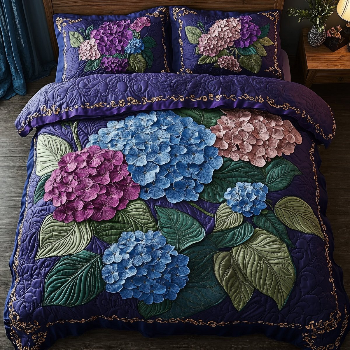 Hydrangea Floral Bliss 3 Piece Quilted Bedding Set Gift For Flower Lovers