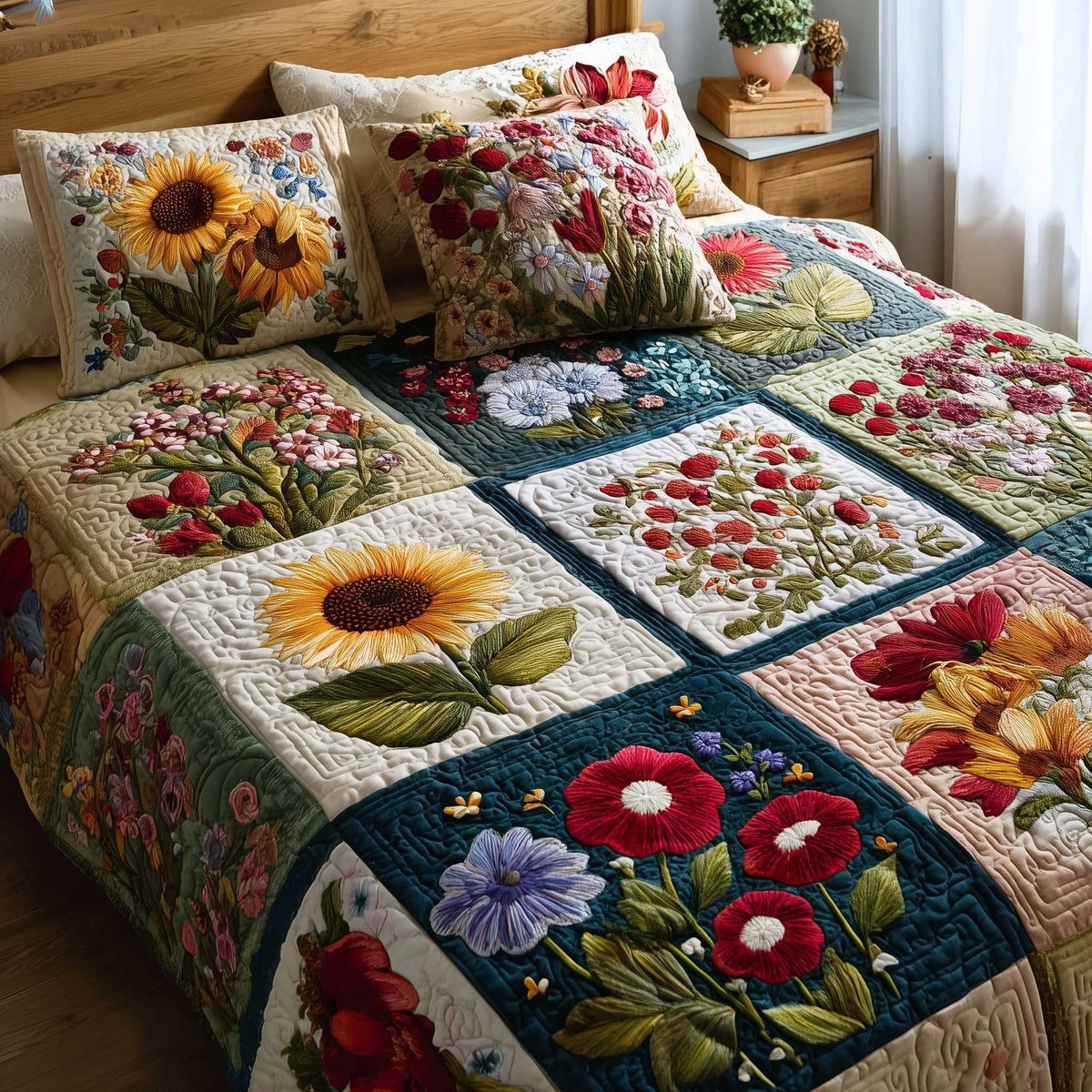 Wild Flora 3 Piece Quilted Bedding Set Gift For Flower Lovers