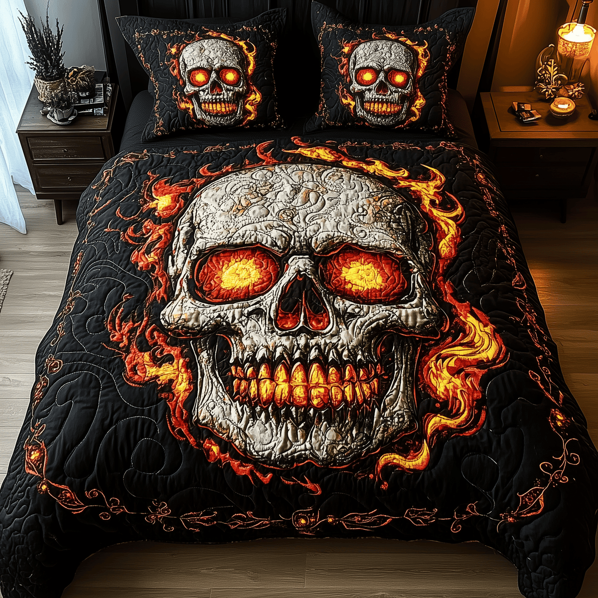Lava Crack Skull 3 Piece Quilted Bedding Set Gift For Gothic Decor Lovers