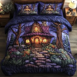 Mystic Forest Hut 3 Piece Quilted Bedding Set Gift For Nature Lovers
