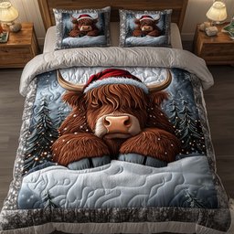 Farmstead Highland Cow 3 Piece Quilted Bedding Set Christmas Gift For Cow Lovers