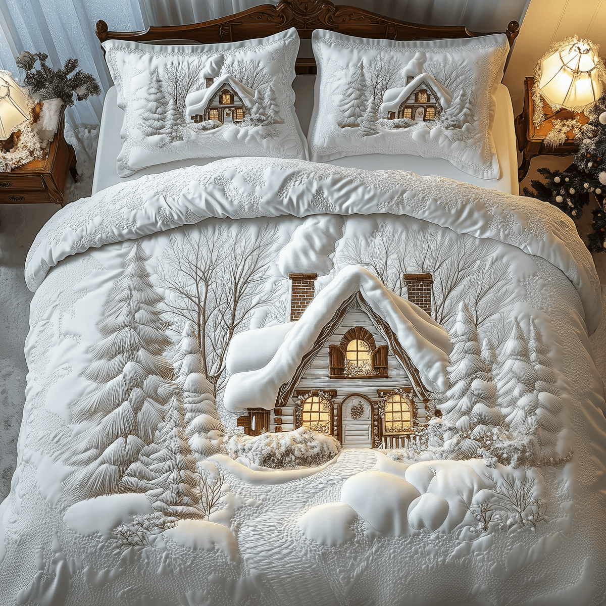 Elegant White Cabin 3 Piece Quilted Bedding Set Christmas Gift For Holiday Decor Lovers