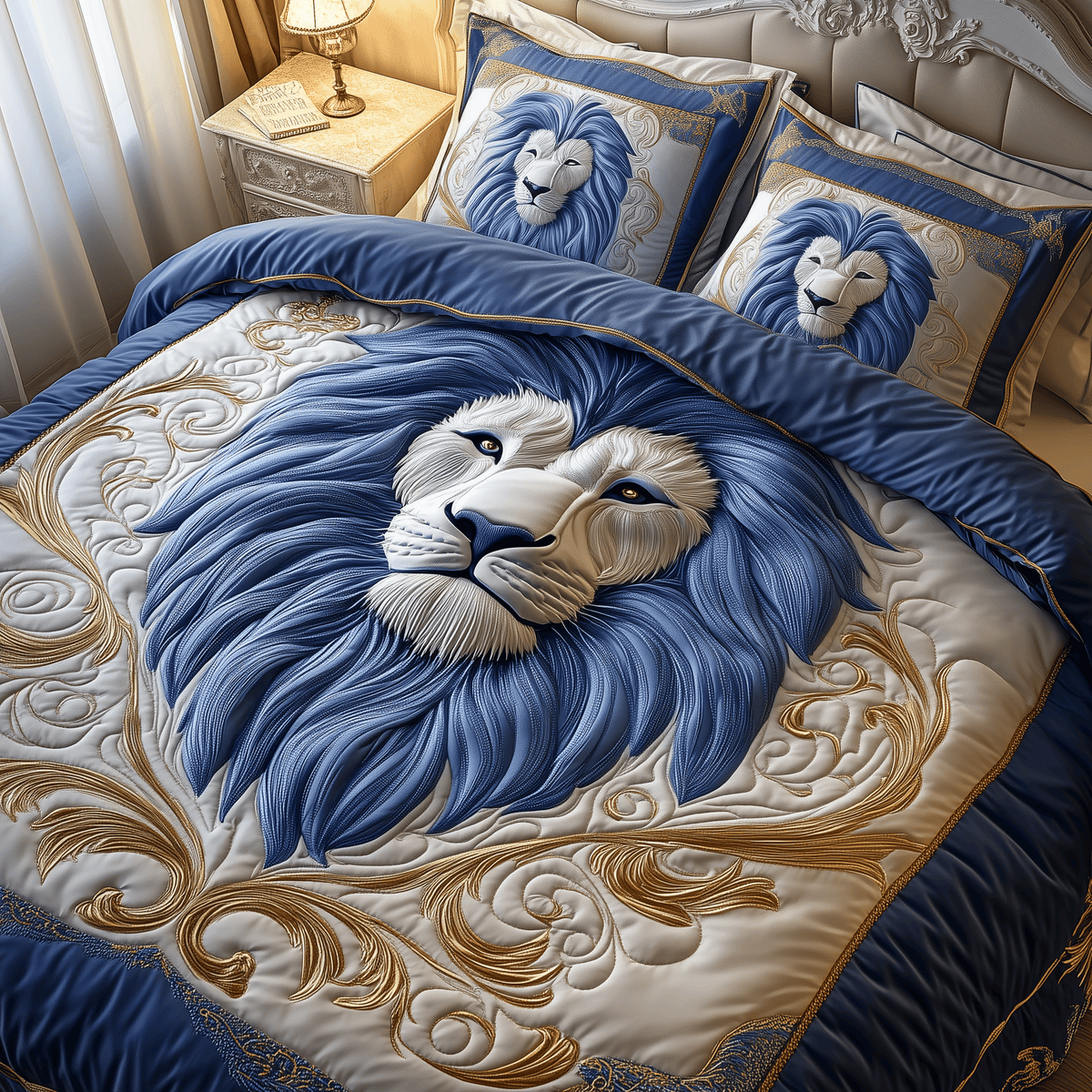 Blue Swirl Majestic Lion 3 Piece Quilted Bedding Set Gift For Lion Lovers