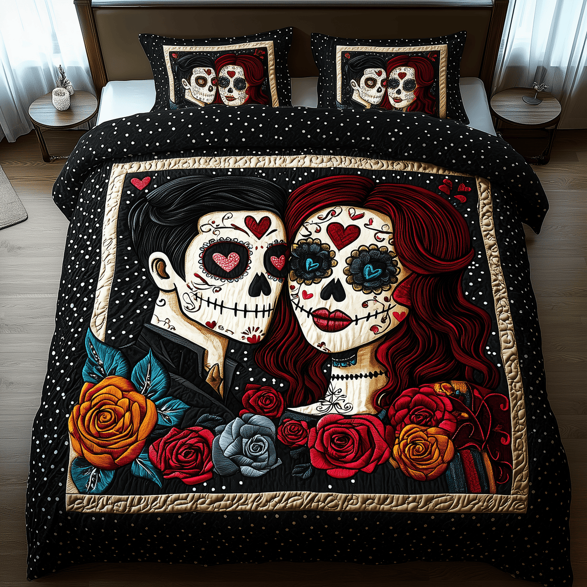 Sugar Skull Couple 3 Piece Quilted Bedding Set Gift For Gothic Decor Lovers