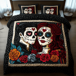 Sugar Skull Couple 3 Piece Quilted Bedding Set Gift For Gothic Decor Lovers